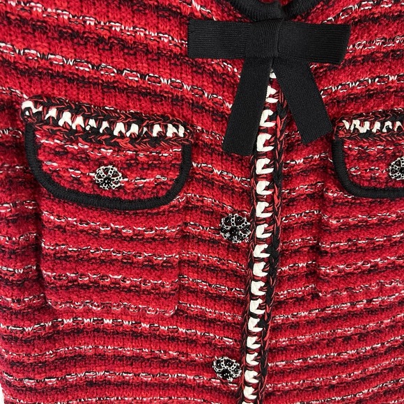 Self Portrait Melange Knit Bow Rhinestone Button Red Tweed Mini Dress  Medium 6/8
